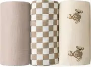 Little Jump Muslin Swaddle Blanket Baby - 40" x 47" Large Cotton Swaddling Blanket Soft Neutral 3 Pack (Coffee Checkered & Khaki & Teddy Bear)