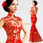 Women sequin Chinese QiPao Wedding Dress Cheongsam Slim Evening Party Gown Dress