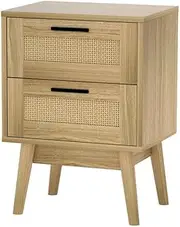 Rattan Bedside Table with 2 Drawers, Display Shelf, Wood Finish, 40 cm x 30 cm x 54 cm