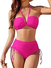 [Blooming Jelly] Womens High Waisted Bikini Sets Sexy Bandeau Tummy Control Swimsuits Halter Two Piece Ruched Bathing Suit