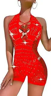 [FEOYA] Hollow Out Lingerie for Women Rhinestone Bodysuit Sexy Hanging Neck Leotard One Piece Mesh Outfit Fishnet Shorts Bondage Lingeries Fishnet Nightwear Lingerie Sparkle Halter Babydoll