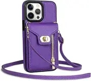 Purse Case for iPhone 16 Pro Max/16 Pro/16 Plus/16, Crossbody Lanyard Strap Leather Phone Cover Zipper Card Slot Holder Wallet Case,Purple,16 Pro