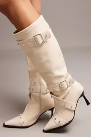 White Studded Strap Heeled Knee Boots - Size 9, Women's Shoes