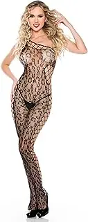 [MUSIC LEGS] One Shoulder Leopard Diamond Net Open Crotch Bodystocking, Black, Black, One Size