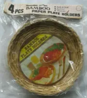 4 pack Bamboo Paper Plate Holders Reusable Summer Picnic Cookout Camp Vintage 9"