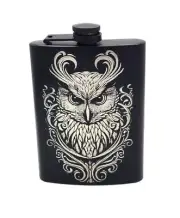 Liquor Hip Pocket Flask and Funnel Engraved Spirit Owl Art Alcohol Drinking Gift