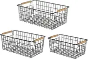 [Youvip] Wire Storage Baskets with Wooden Handles, 3 Pack Metal Organizer Baskets for Kitchen, Pantry, Freezer, Laundry,Farmhouse,Bathroom Baskets for Organizing,Black (1 Small, 1 Medium, 1 Large)