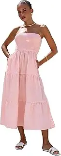 [Heychic] Women's 2025 Bohemian Summer Tiered Stripes Straight Neck Dress Off Shoulder Flowy Beach Midi Dress with Side Split