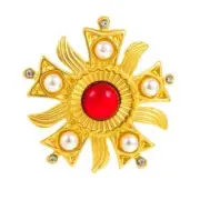 Retro Brooch Matte Gold Tone Sun Red Simulated Pearl Crystals