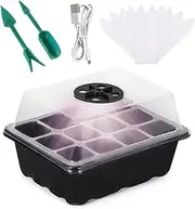 Seed Starter Tray with Grow Light, Seedling Starter Trays with Adjustable Humidity Domes, Adjustable Light Greenhouse Germination Kit for Seed Growing Starting, 12 Cells per Seedling Trays (Black)