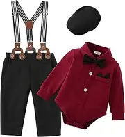 [ZOEREA] Baby Boy Clothes 0-18M Infant Tuxedo Long Sleeve Gentleman Outfits + Suspender Pants + Bowtie + Beret Hat Baby Boy Suit Set
