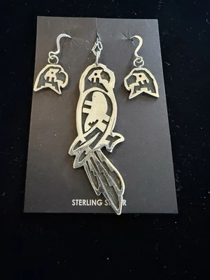 Signed Native American Parrot Necklace Earring Set Sterling Silver