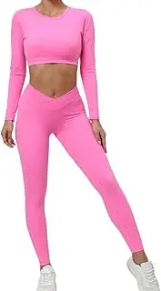 [DSAoTeng] Women’s Seamless High Waist Butt Lift Skinny Leggings Long Sleeve Crop Shirts Set-With Thumb Hole Quick Dry Open Back Outfit for Yoga Running Fitness Training
