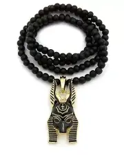 Hip Hop Egyptian God Two Tone Anubis Pendant w/ 6mm 30" Wooden Bead Necklace