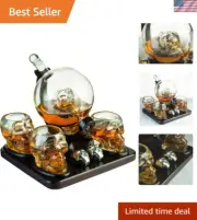 Skull Skeleton Wine & Whiskey Globe Decanter Set 850 mL With 4 Skull Head 3oz...