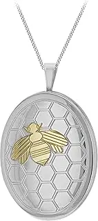 [Tuscany Silver] Women's Sterling Silver Rhodium Plated 2 Tone Honeycomb and Bee Oval Locket Pendant on Rhodium Curb Chain of 18", Silver
