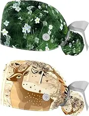 [YTYVAGT] 2-Pc,Nurse Scrub Caps,Scrub Hats with Buttons and Cotton Sweatband,Flower Field White Pattern