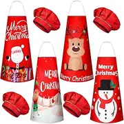Hoolerry 4 Set Christmas Kids Apron and Chef Hat Boys Girls Aprons with 2 Pockets Hats Cooking Kitchen Painting Baking Wear