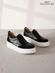 Black Slip On Signature Forever Comfort® Leather Chunky Wedge Platform Trainers (AV8800) | $98
