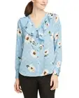 Ann Taylor Womens Light Blue Floral Ruffle V-Neck Button Blouse, Small S 4405-5