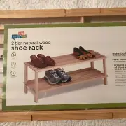 NIP Honey Can Do 2-Tier Shoe Rack Natural Wood Shelf Storage Home Organizer