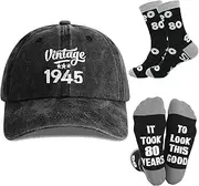 [Hatwell] 30th 40th 50th 60th 70th 80th Birthday Gifts for Men Women, 1 Washed Cotton Baseball Cap and 1 Pair of Calf Socks Set Present for Husband Dad Brother Friends Black, Black, One size