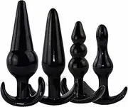 4 Anal Butt Plug Training Kit Set Beads Dildo Prostate Massager Trainer Sex Toy (Black)
