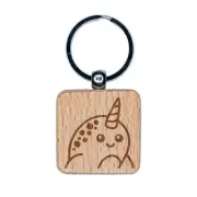 Peeking Narwhal Engraved Wood Square Keychain Tag Charm