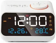 Multifunctional Alarm Clock with FM Radio Rechargeable Digital Clock with Temperature and Humidity Display Support Sound-Activated/Keep-on Switching, Brightness/Volume Adjustable, Function White