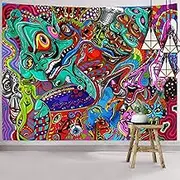 Hexagram Trippy Tapestry Psychedelic Abstract Tapestry Wall Hanging Bohemian Hippie Arabesque Wall art Colorful Monster Fractal Tapestry Wall Tapestry for Dorm Room Decorations