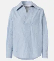 [Bottega Veneta] Bottega Veneta Striped cotton and linen-blend blouse AU 6 blue