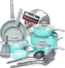 Mueller 16-Piece Non-Stick Stone Cookware Set with Steamer & Glass Lids, Turquoi