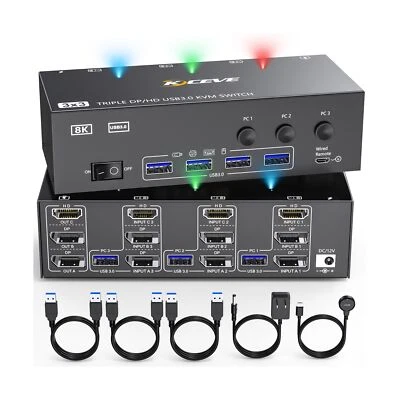 KVM Switch 3 Monitors 3 Computers, 4K@144Hz HDMI+2 Displayport KVM Swticher S...