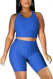 [Hyujoda] Womens Tracksuit Workout Outfits Sweatsuit - Racerback Crop Tank Tops Textured Ruched Butt Lifting Yoga Shorts Activewear Set