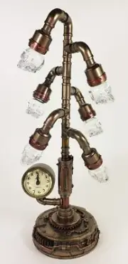 17" Steampunk Pipework Crystal Skull Lamp 6 Branch LED Table Night Light W Clock