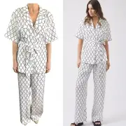 Decjuba Size 16 XXL (12 US) White Black Suzie Tie Waist Shirt & Pants Set NWT