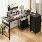 ApexSpace L-Shaped Computer Desk with Drawers and Monitor Stand, Black 120 x 80cm