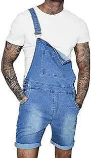 [Runcati] Mens Denim Shorts Bib Overall Jean Romper Casual Loose Fit Walkshort Button Pockets Summer Jumpersuit