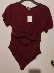 MangoPop Burgundy front knot BodySuit Long sleeve Size M