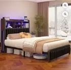Queen Size Led Bad Frame With Storage Headboard, Metal Bed With Charging Station
