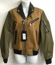 dsquared2 Sports Jacket Camel Leather Khaki Nylon Sleeve ZipUp Bomber NWT 44/6
