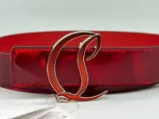 Christian Louboutin Women CL Logo Buckle Patent Leather Belt Loubi Red $790