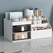 Makeup Storage Organizer for Vanity, Desktop Cosmetic Organiser Makeup Storage Box with 2 Drawers for Lipsticks, Jewelry, perfume, Nail Care, Skincare, Multi-purpose Bathroom Countertop Organiser