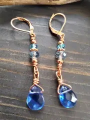 UNIQUE BLUE BRIOLETTE DROP/MONTANA BLUE CRYSTAL/BRIGHT COPPER ACCENT EARRINGS