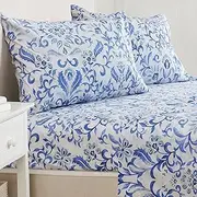 3-Piece Twin Size Floral Print Microfiber Sheet Set | Ultra-Soft, Brushed Bedding Sheets & Pillowcases | Wrinkle Free, Comfortable, All-Season Bed Sheets (Twin, Watercolor Flowers - Blue)