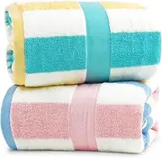 100% Cotton Bath Towels Set of 2, Highly Absorbent Towels for Bathroom, Hotel, Spa, Large Bathroom Towels Striped 55 x 27.5 Inches (Peach-Pink & Teal)