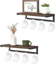 Mug Holder Wall Mounted Mug Rack Hooks 2 Set Storage Rustic Floating Shelf Decor