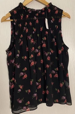 Banana Republic Blouse Black Chiffon Smocked Lace Floral Sz L Dark Romantic NWT