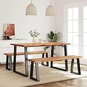 3 Piece Dining Set with Live Edge Solid Acacia Wood Tables and Benches, Rustic Elegant Dining Room Furniture with U-Shaped Powder-Coated Steel Legs, Durable and Sturdy Design