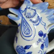 Vintage Blue White Porcelain pitcher Rooster Ganz Bella Casa Cottage 8.5x8x5"